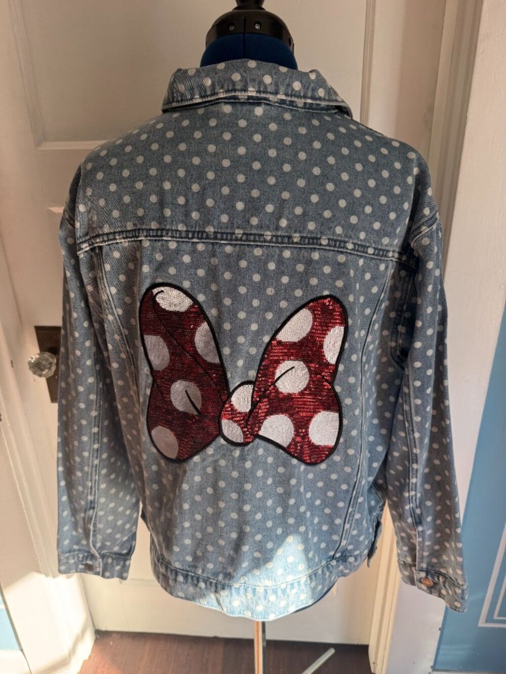 NWT Disney Parks Minnie Mouse Red Sequins, Polka Dot Denim Jacket for Women XL